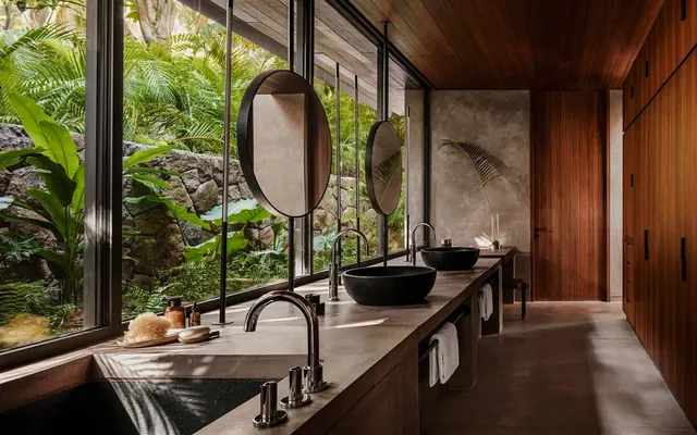 Modern Interior with Large Windows and Wood Accents, minimal, luxury, warm