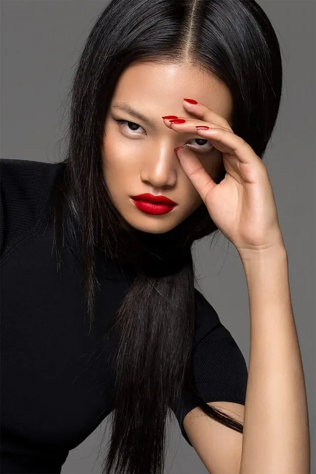 Portrait of a Woman with Red Lips, photographic, luxury, dark