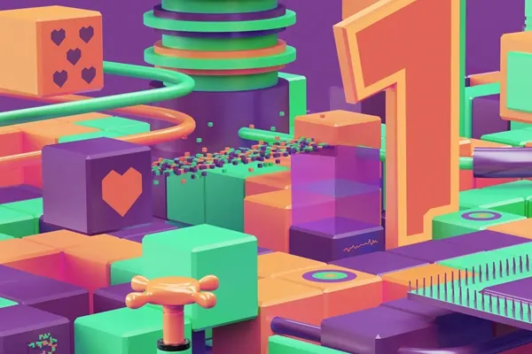 Abstract 3D Geometric Composition, 3d-render, playful, vibrant