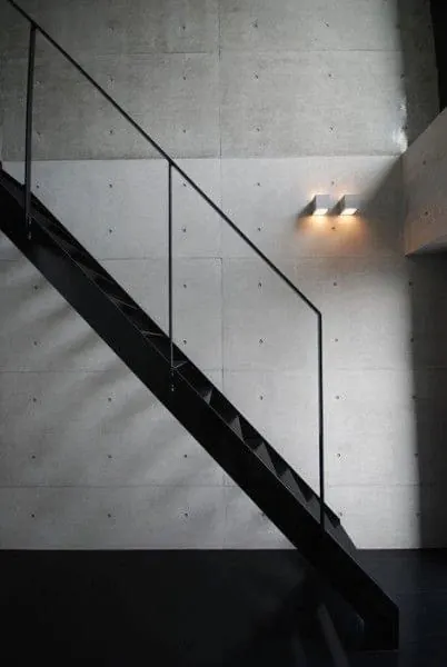 Industrial Concrete Staircase with Spotlights, minimal, brutalist, dark