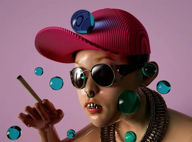 Surrealist 3D Portrait with Floating Spheres, playful, y2k, vibrant