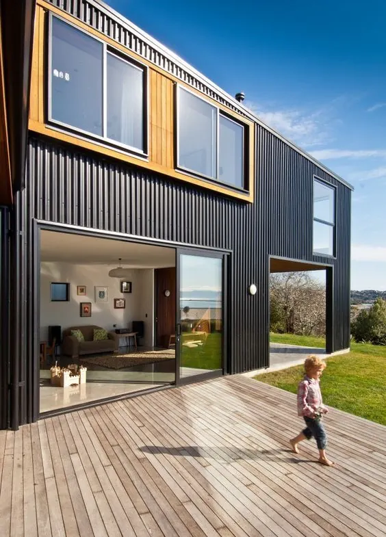 Modern Industrial Architecture with Wooden Deck, minimal, photographic, high-contrast