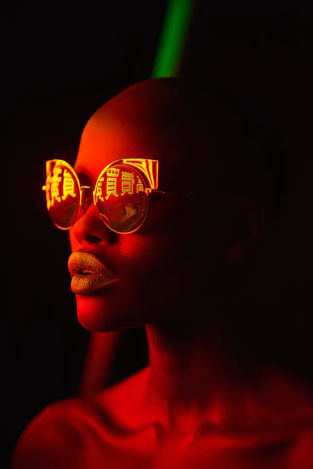 Neon Cyberpunk Portrait, dark-mode, photographic, dark