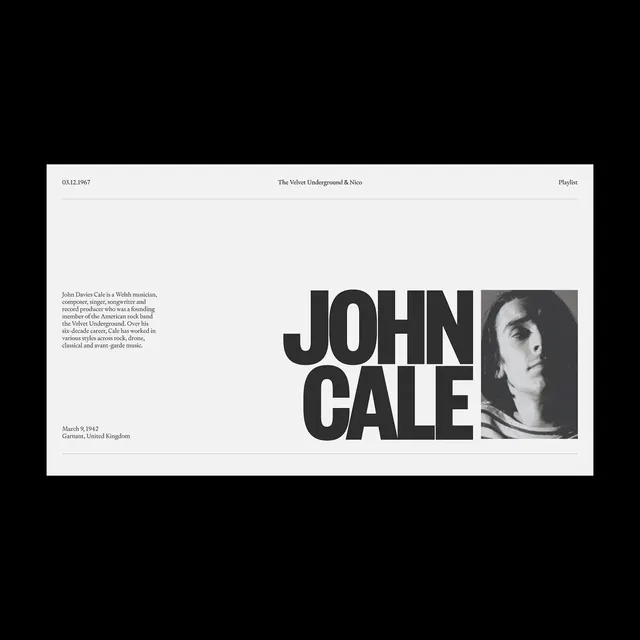 John Cale Editorial Spread, minimal, swiss, high-contrast