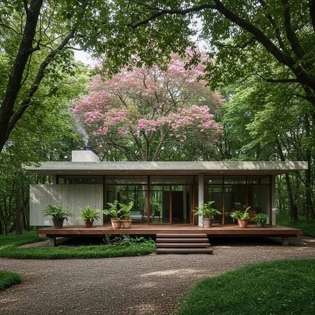 Modernist Pavilion in a Forest, minimal, photographic, earthy
