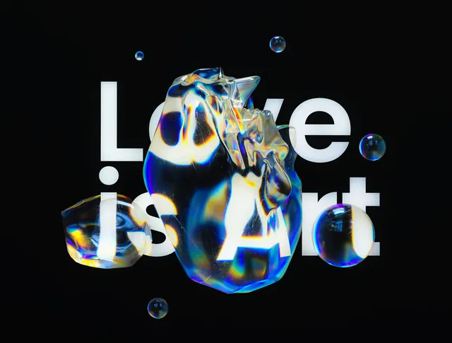 Love Is Art Typography Design, glassmorphism, gradient-heavy, dark