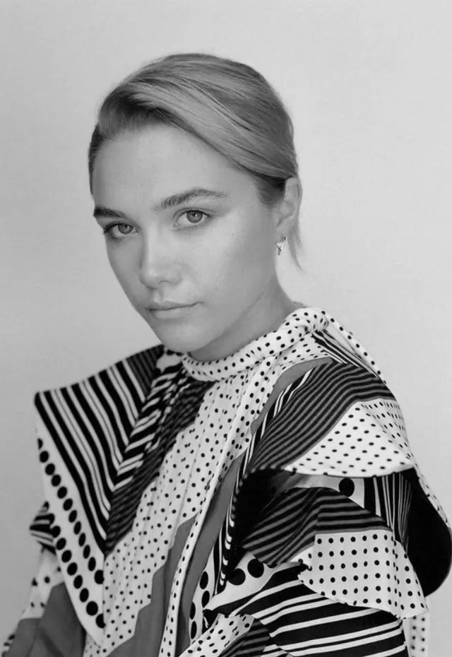 Portrait of a Woman in Patterned Clothing, monochrome, photographic, monochrome
