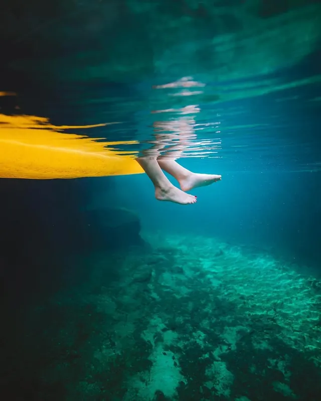 Underwater Diver with Yellow Flag, photographic, organic, vibrant