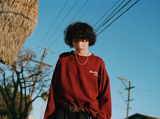 Portrait of a Person in a Red Sweater, photographic, minimal, vibrant