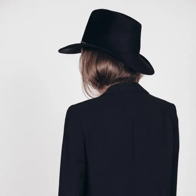 Woman in Black Hat and Coat, minimal, luxury, monochrome