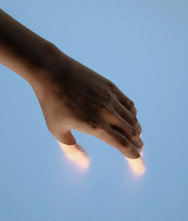 Glowing Hand Reach, minimal, photographic, cool