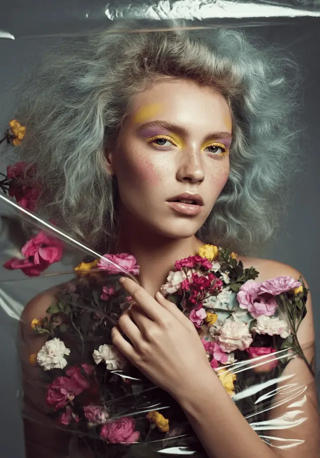 Floral Portrait with Neon Accents, editorial, photographic, vibrant