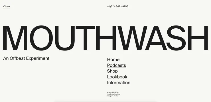 Mouthwash Wordmark and Navigation Layout, minimal, swiss, high-contrast