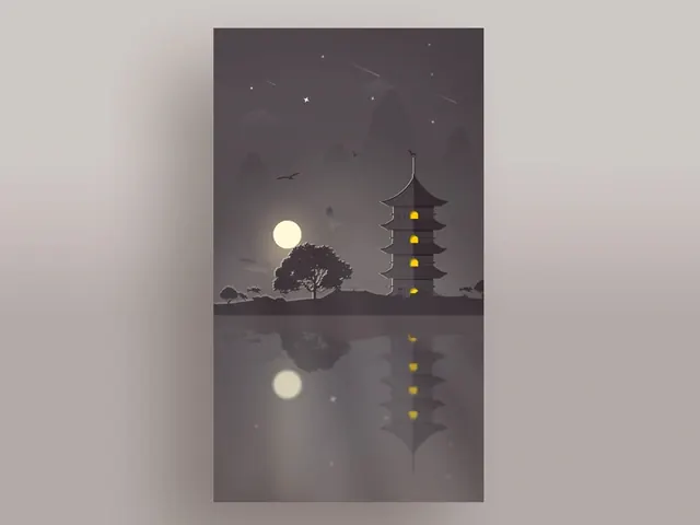 Japanese Pagoda Night Scene, minimal, illustrated, dark