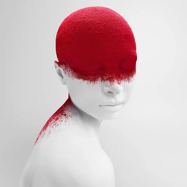Red Paint Face Sculpture, minimal, abstract, vibrant