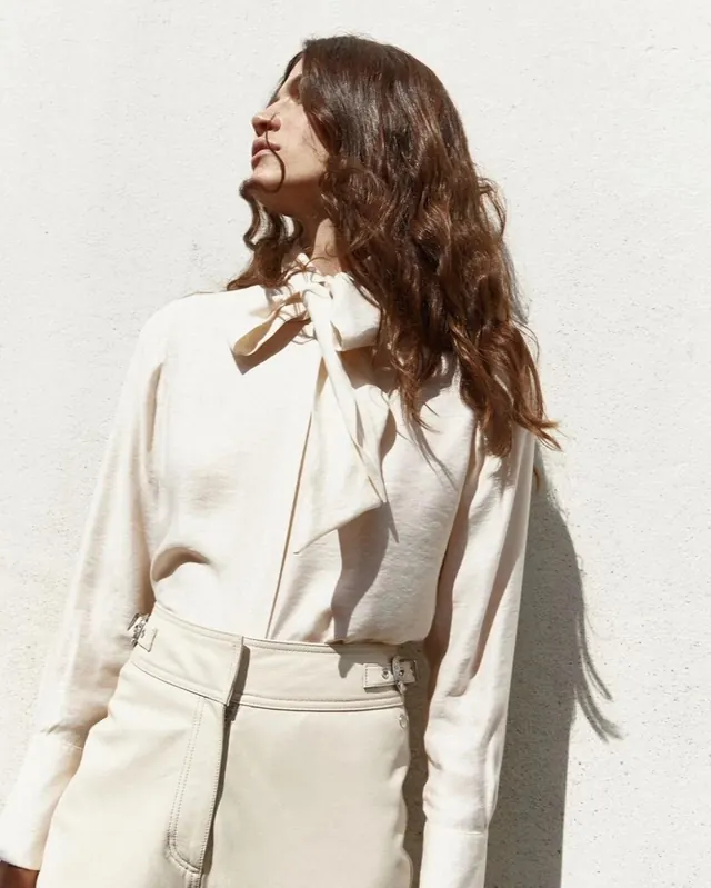 Woman in Silk Blouse Portrait, minimal, luxury, light