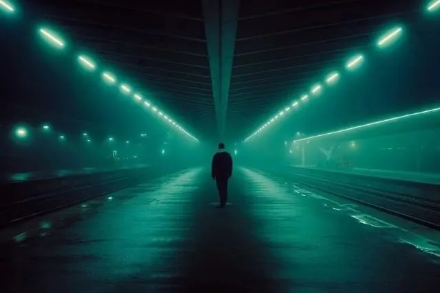 Person in Neon Tunnel, dark-mode, photographic, dark