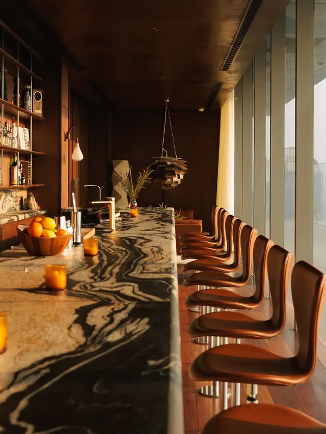 Modern Restaurant Interior with Marble Counter, luxury, photographic, dark