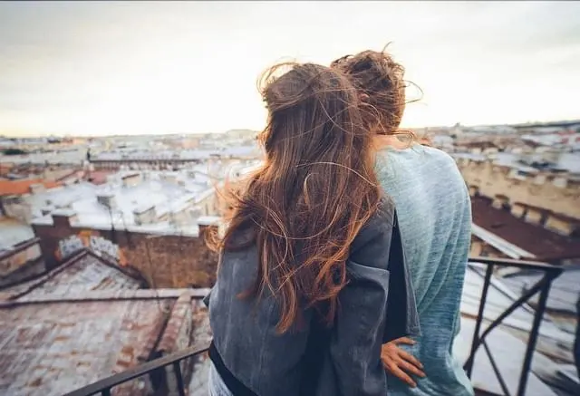 Couple Overlooking Cityscape, photographic, organic, muted