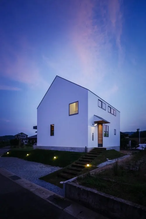 Modernist White House at Dusk, minimal, photographic, cool
