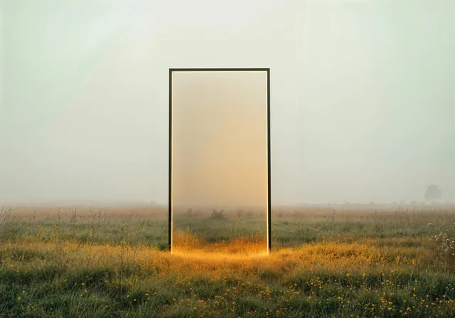 Minimalist Portal in Field, minimal, geometric, warm