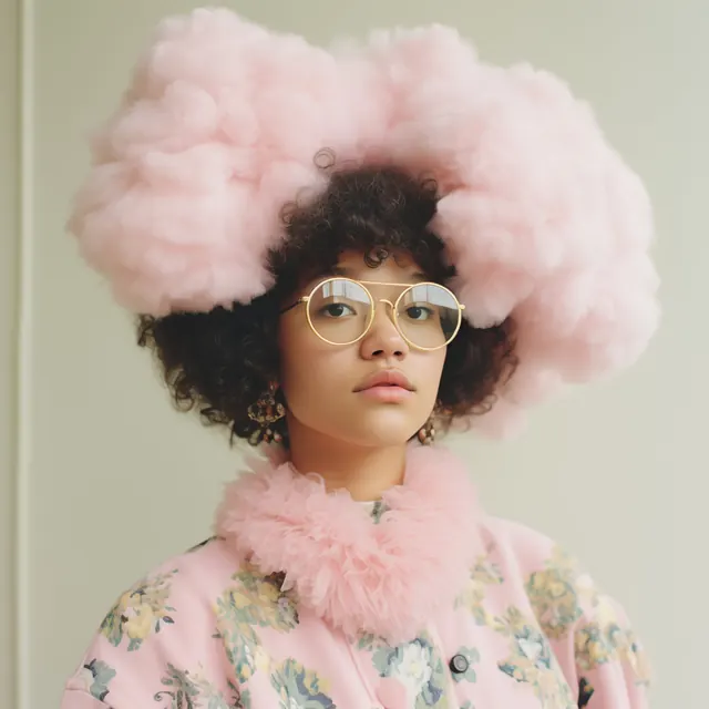 Fashion Portrait with Oversized Faux Fur, playful, luxury, pastel