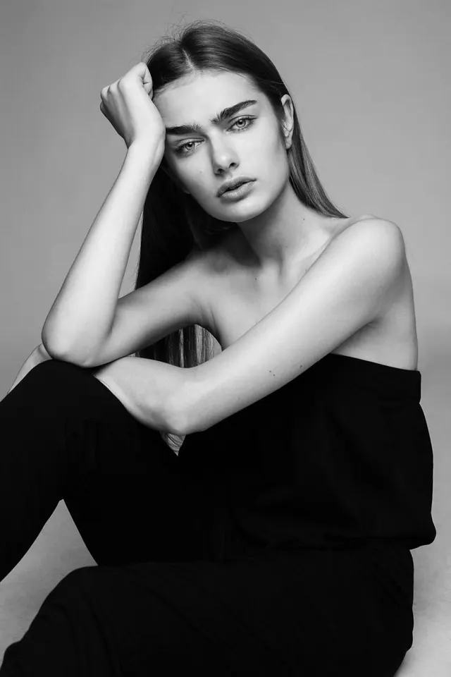 Portrait of a Woman in Black Top, monochrome, photographic, monochrome