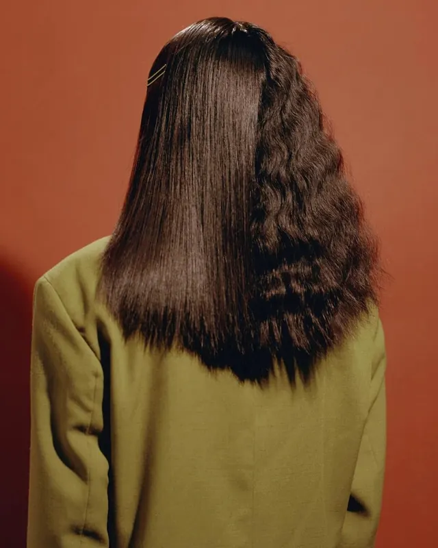 Split-Texture Hair Portrait, minimal, photographic, vibrant