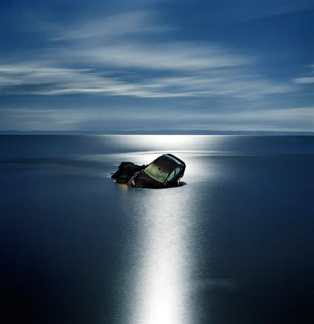 Surreal Ocean Landscape with Floating Structure, minimal, photographic, dark