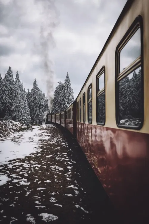 Snowy Train Station Scene, photographic, organic, muted