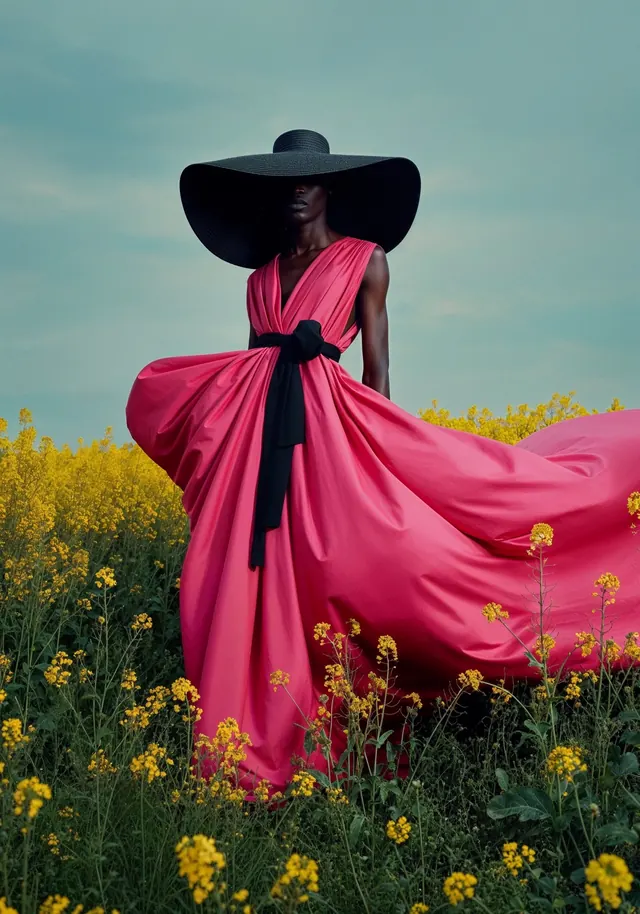 Woman in Pink Gown and Wide-Brimmed Hat, photographic, luxury, vibrant