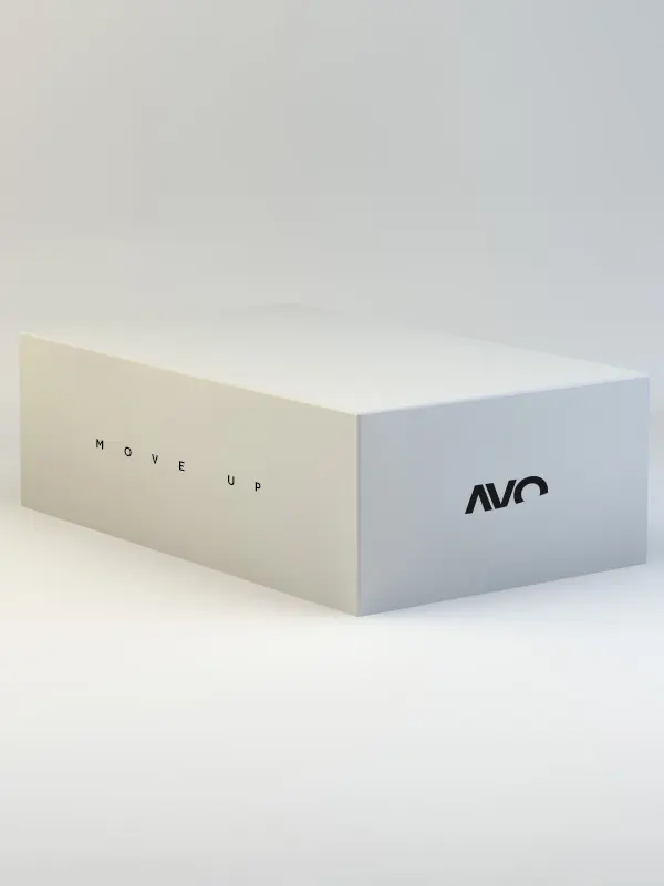 AVO Move Up packaging render, minimal, corporate-clean, light