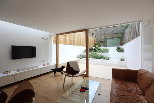 Modern Interior Living Space with Garden View, minimal, photographic, warm