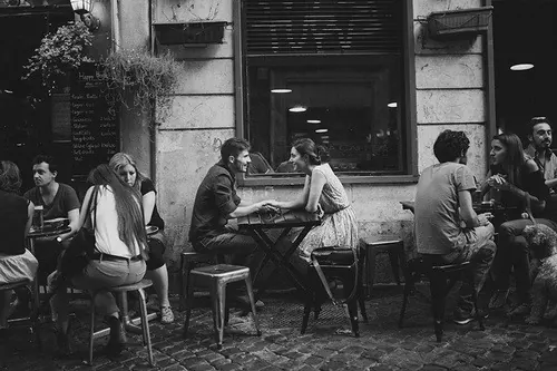 Group of People in a Cafe, monochrome, photographic, monochrome