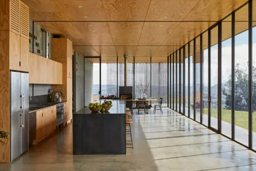 Modern Wood and Glass Office Interior, minimal, photographic, warm