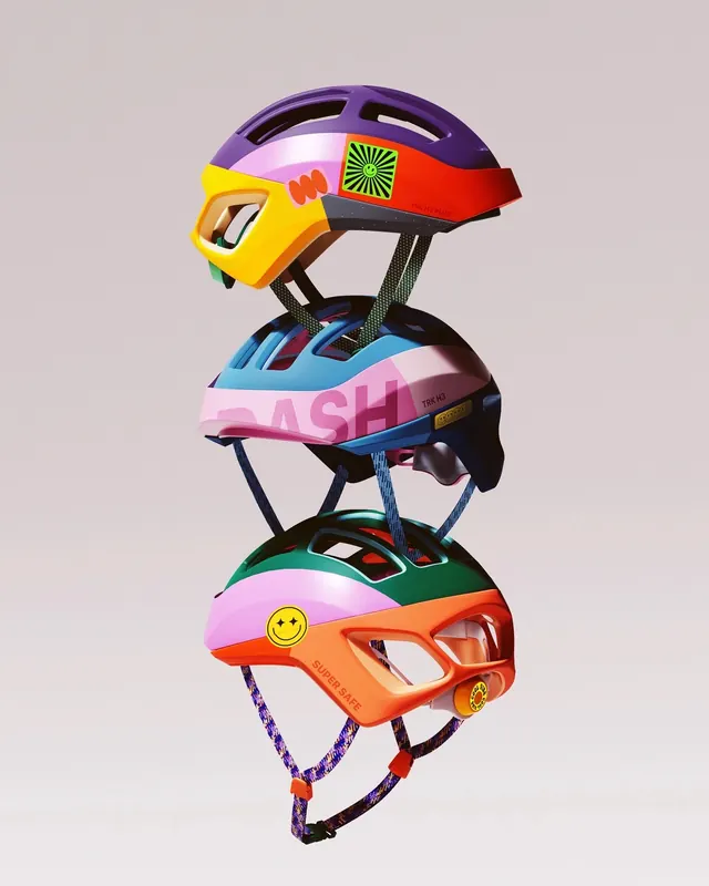 Colorful Helmets Mockup, playful, 3d-render, vibrant