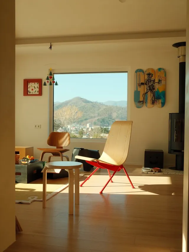 Modern Interior with Mountain View, minimal, photographic, warm