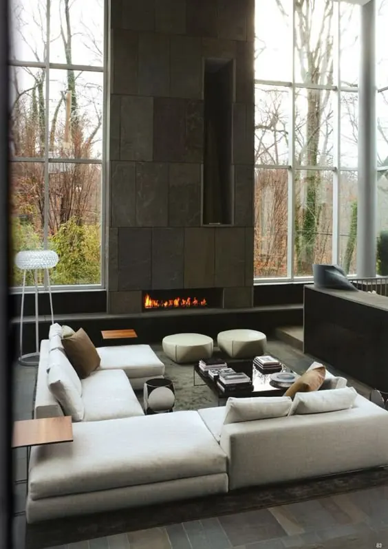 Modern Interior Lounge with Fireplace, minimal, luxury, dark