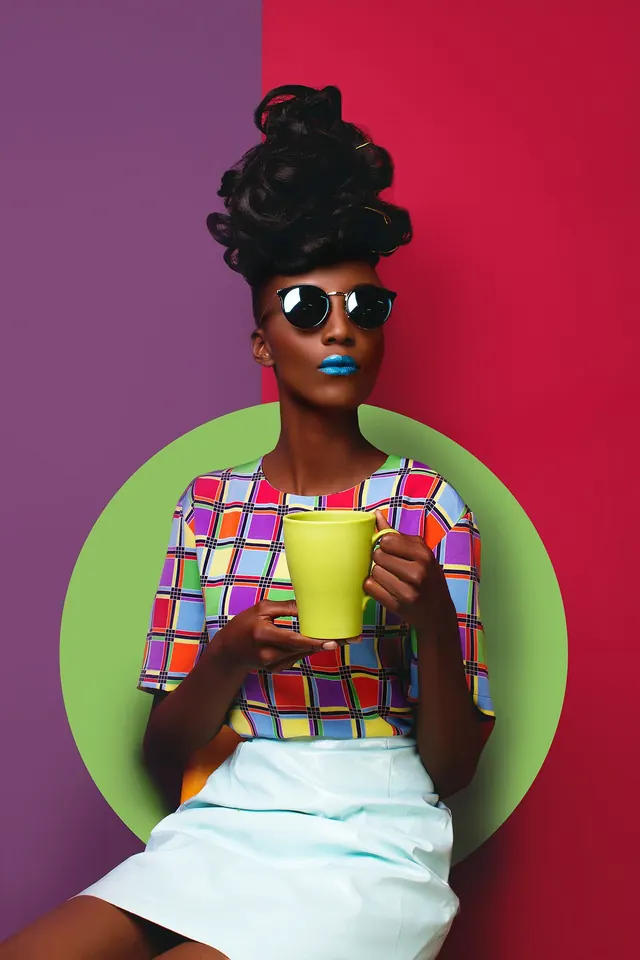 Fashion Portrait with Geometric Accents, maximalist, playful, vibrant