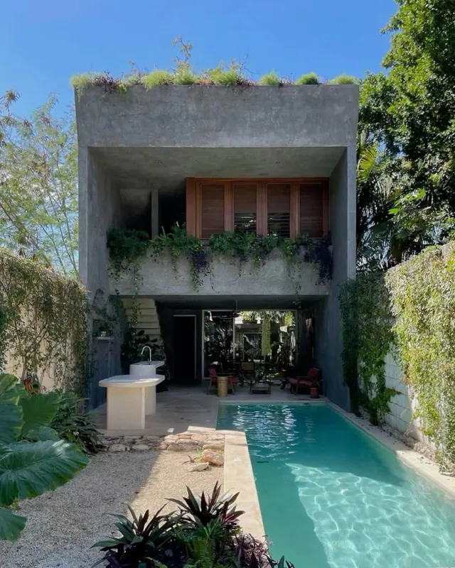 Modernist Courtyard with Pool, minimal, photographic, earthy