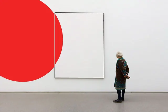 Minimalist Gallery Space with Red Circle Graphic, minimal, swiss, high-contrast