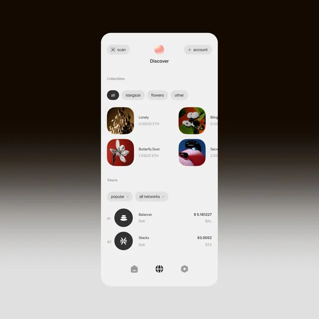 Mobile App UI Discovery Screen, minimal, light-mode, light