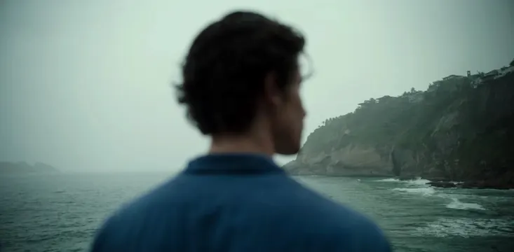 Man Looking at Coastal Landscape, photographic, organic, muted