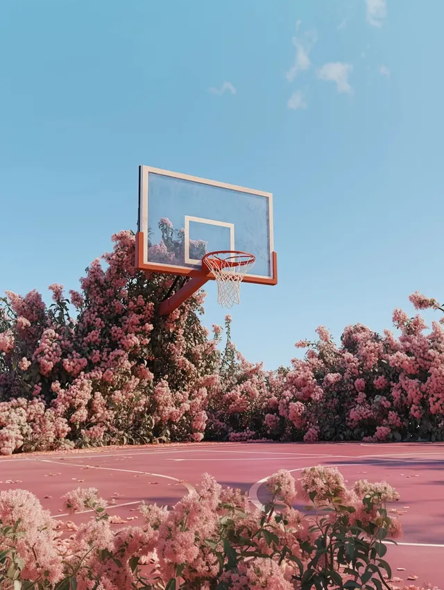 Surreal Basketball Court with Pink Foliage, minimal, 3d-render, vibrant