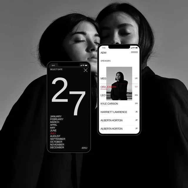 Mobile App UI Mockup with Portrait Photography, minimal, monochrome, monochrome
