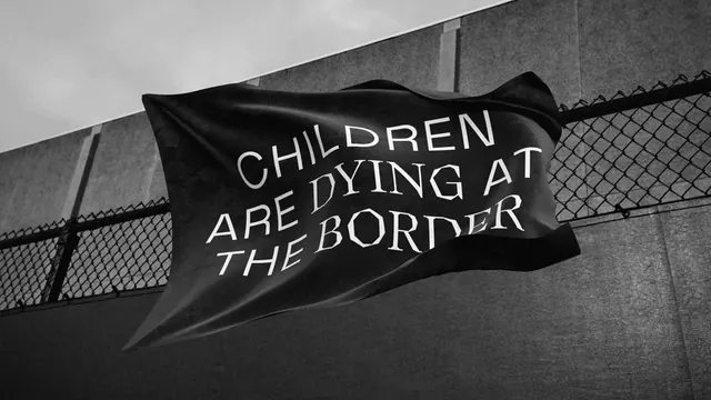 Children Dying at the Border Protest Banner, monochrome, brutalist, monochrome