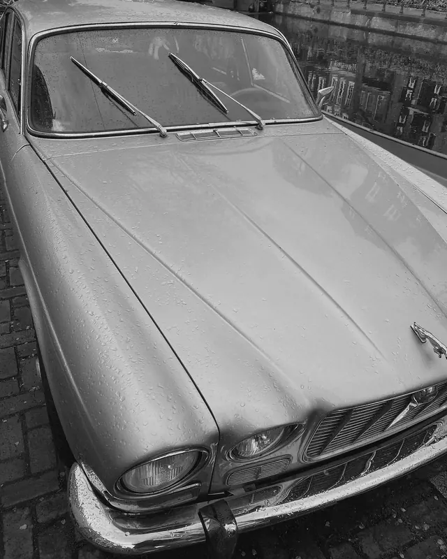 Vintage Silver Car Close-up, photographic, retro, monochrome