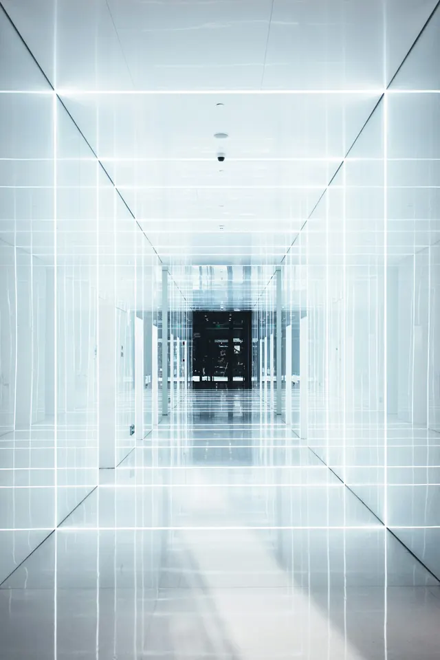 Futuristic Corridor Perspective, minimal, corporate-clean, light