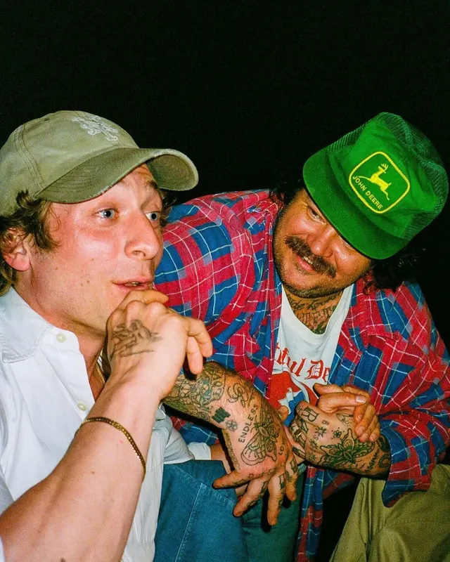 Two Men with Tattoos and Beanies, photographic, maximalist, vibrant