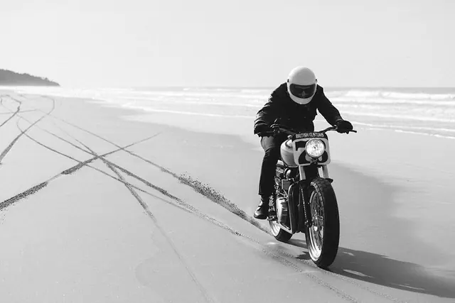 Motorcycle Rider on Beach, monochrome, photographic, monochrome